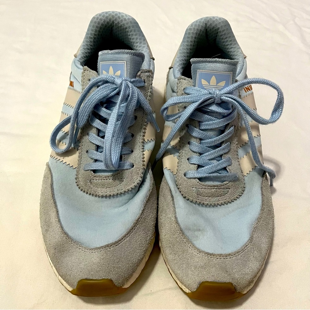 Adidas Baby Blue Soft INIKI Suede Gray Stripes Lace Up Sneakers Shoe